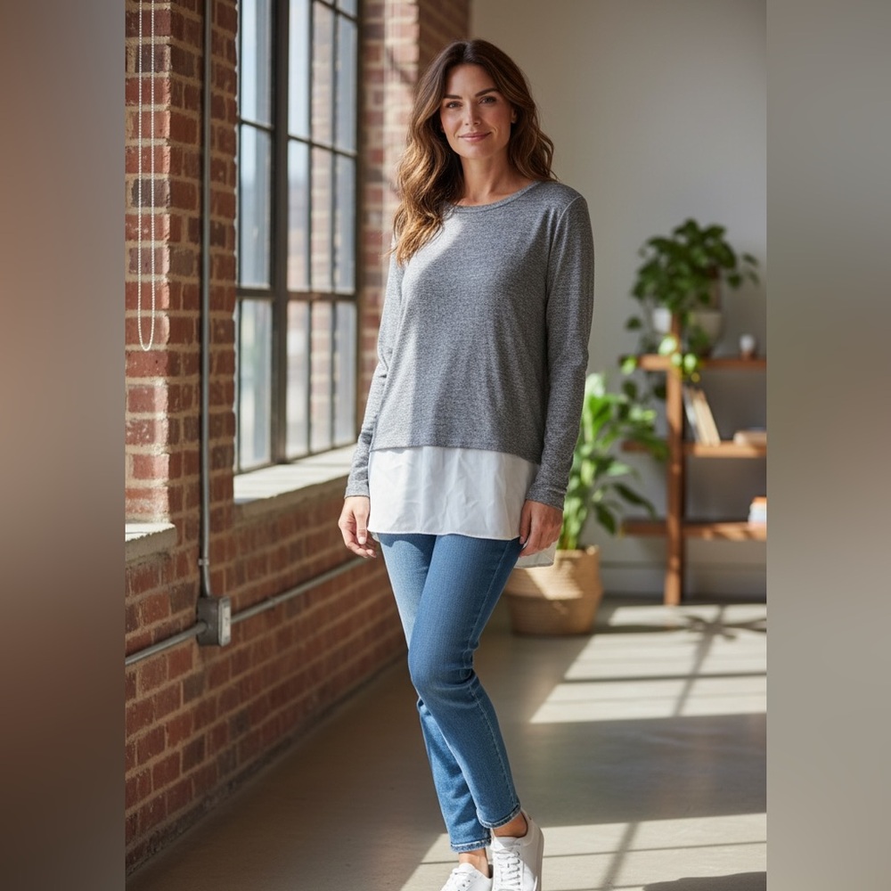 LOFT Heather Gray and Cream Layered Blouse